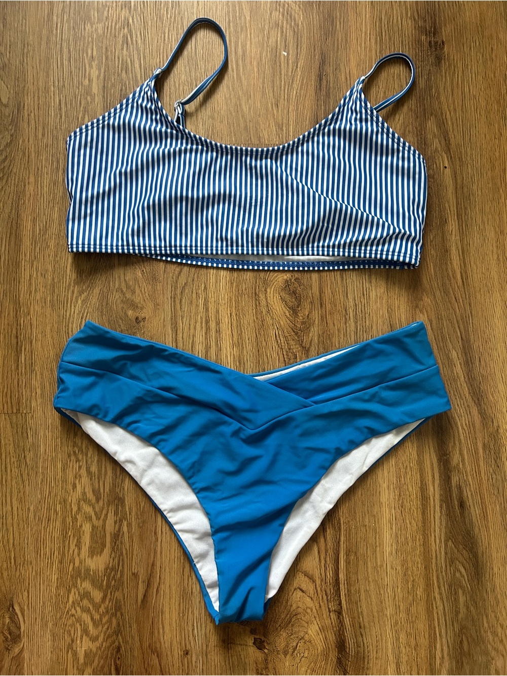 Blue Striped Bikini Top with Solid Blue Bottom